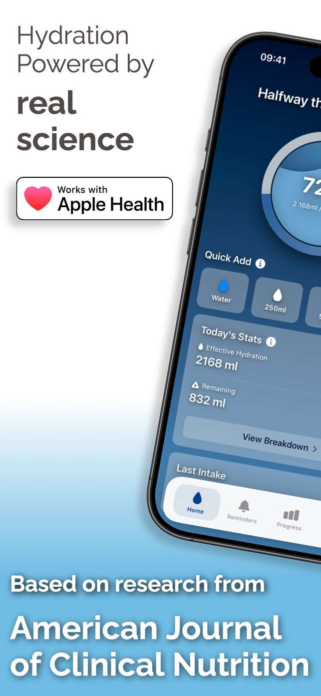 SupaHydrate water tracker app home screen showing daily water intake progress ring and quick-add drink buttons